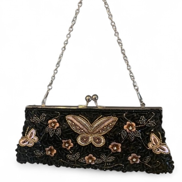 Beaded kiss lock bag with butterflies vintage look and classic style - Picture 4 of 4